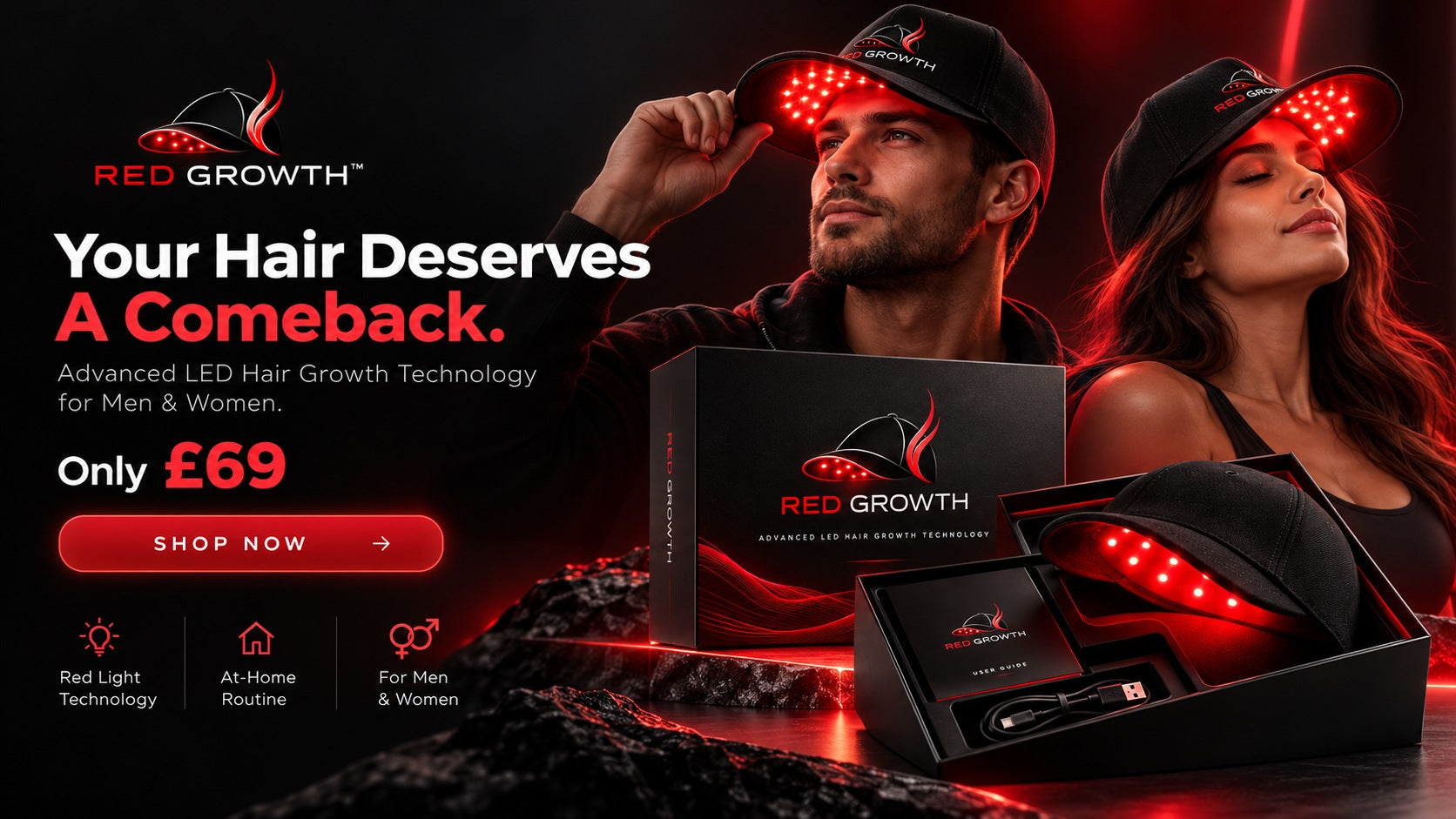 Red Growth LED cap for men and women. Your Hair Deserves a Comeback. £69. Shop now.